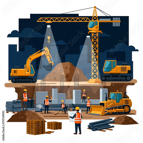 A bustling construction site at night with heavy machinery and workers building the foundation of a new structure.