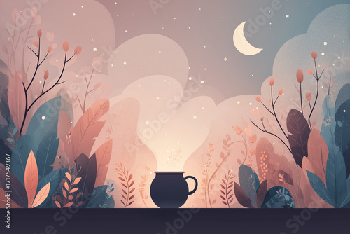 Conceptual vector illustration of Sharad Purnima or Kojagara Puja with crescent moon, glowing bowl of kheer, and symbolic night forest evoking ritual purity and devotion