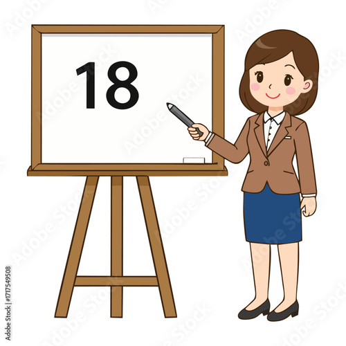 Cartoon of a teacher pointing to a whiteboard with the number 18.