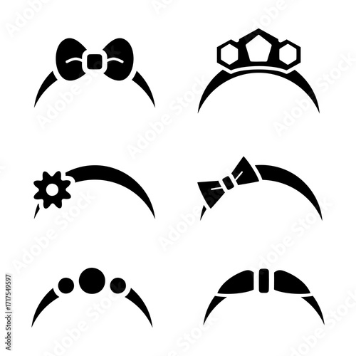 Set of cute girly headband black silhouette icons doodle logo vector