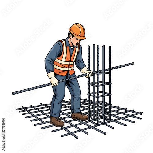 Illustration of a construction worker in safety gear assembling a steel rebar cage for a reinforced concrete column foundation.