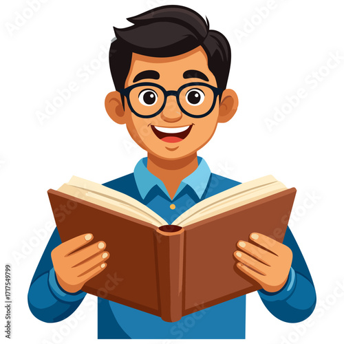 Illustration of a young man with glasses reading a book with a happy expression.