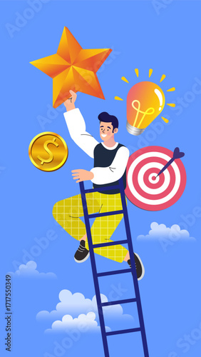 Reaching for success concept. An ambitious character on a ladder gets a star. Metaphor for achieving goals, business strategy, and career development. Vector illustration. 