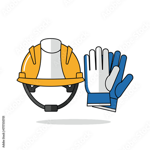 A yellow hard hat and a pair of blue and white work gloves are shown in the image.
