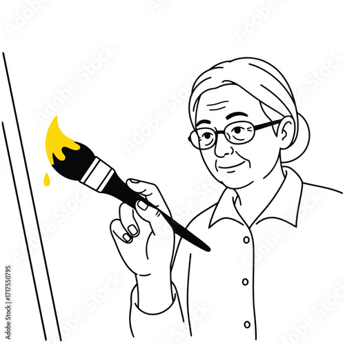 Vector art of elderly woman with glasses painting on a canvas with a brush