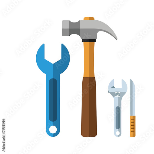 Flat design illustration of common household and professional tools including a hammer, wrenches, and a utility knife.