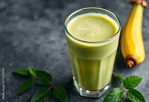 Creamy green matcha milk tea in a glass, frothy top,  beverage,  overhead shot