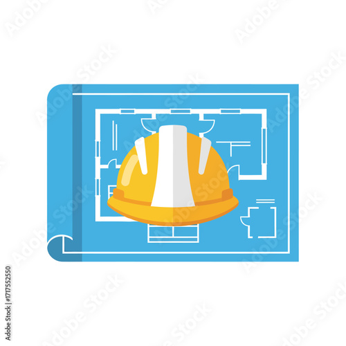 A yellow construction safety helmet sits atop a blue architectural blueprint displaying a detailed house floor plan.