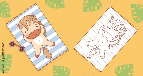 Cute Summer Horse Sunbathing on Beach Towel set. Outline Line and Color drawing, Coloring book. Isolated Funny Pony Animal kawaii Beachgoer. Vector illustration. Kids collection. Not AI