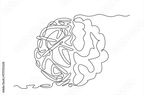 Brain drawn in one continuous line, representing the complexities of mental health. Mental health awareness concept. World Mental Health Day. Hand drawn one line vector. Editable stroke.	