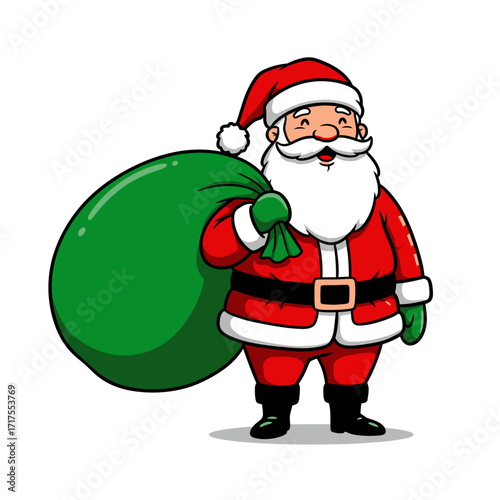 Festive Santa Claus Carrying Green Sack of Presents, Christmas Holiday Celebration Illustration