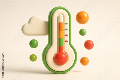 Thermometer Icon and Floating Spheres: A minimalist, artistic rendition of a thermometer displaying various temperature levels.