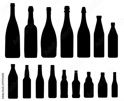Black bottle silhouettes arranged in a set on a clean white background.