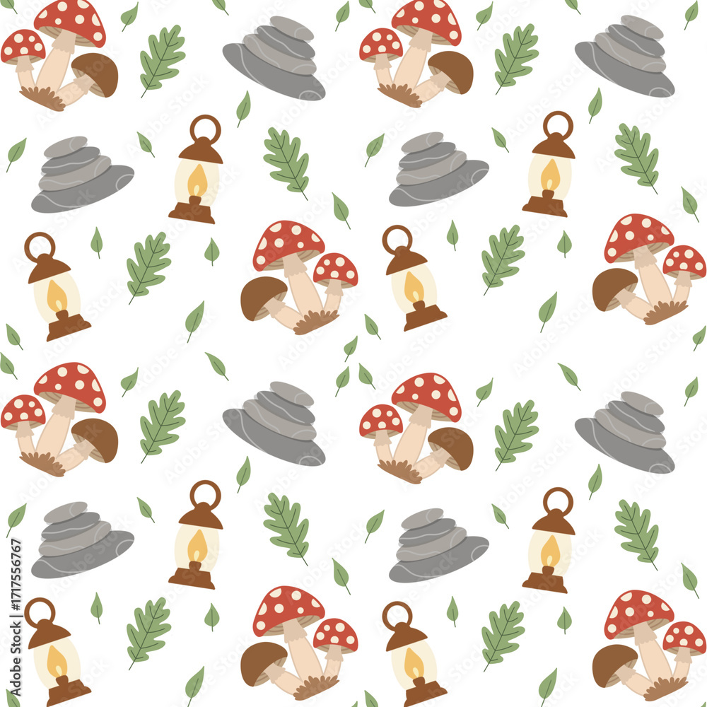 Fototapeta premium A Whimsical Forest Floor Scene Featuring Charming Red-Capped Mushrooms, Glowing Lanterns, and Stacked Stones