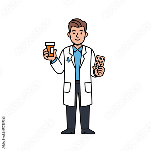 Friendly pharmacist holding medication ready to help patients, offering medical assistance and pharmaceutical care