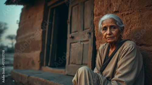 Contemplative Elderly Woman at Rustic House