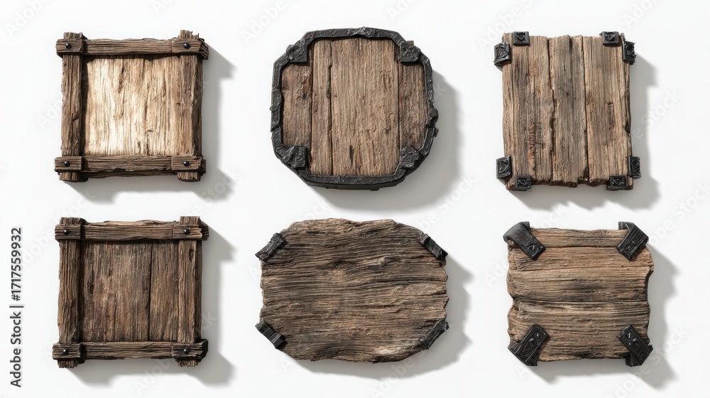 Naklejka premium Six wooden plaques with rustic edges and varying shapes, displayed on a light background, suitable for signage or decoration.