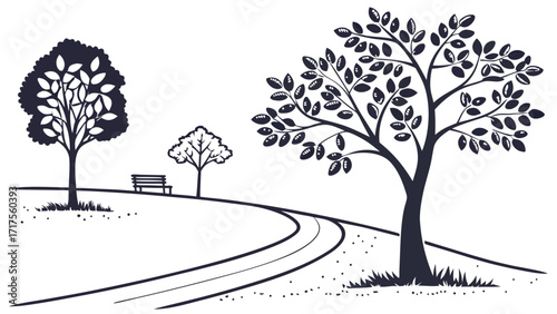 A serene black and white illustration of a park landscape with a winding path, lush trees, and a solitary bench on a hill.