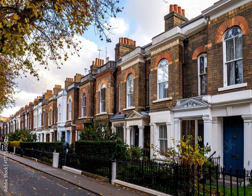 Row houses along a street in autumn
