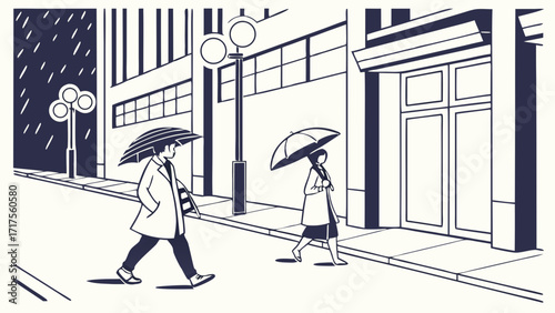 Two people walk across a street under umbrellas on a rainy night in a city.