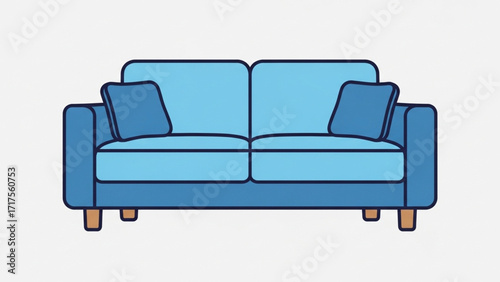 A stylish blue couch with two matching pillows, set against a minimalist white background