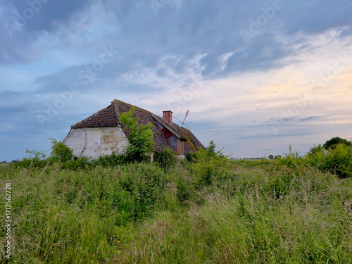 Very old dilapidated Danish farm house abandoned many years ago in the green countryside on a summer evening