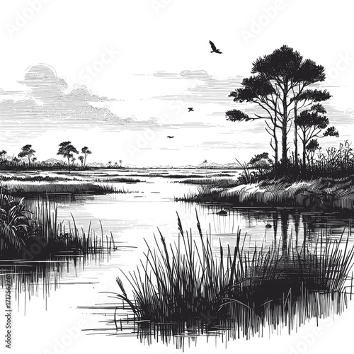 Line art drawing of marsh nature landscape ink sketch vector hand drawn illustration , the marsh under a storm's spell