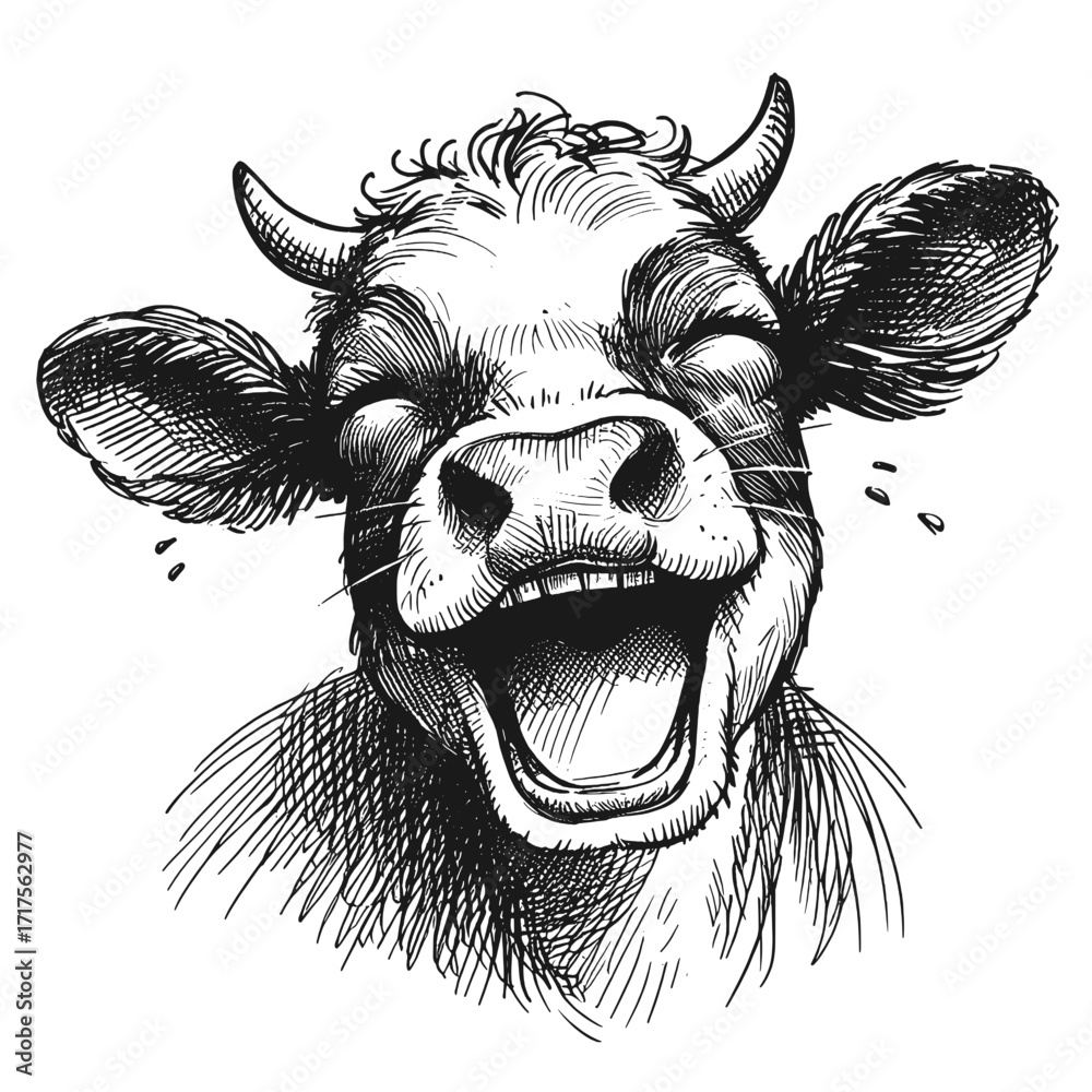 Ταπετσαρία Cow laugh line art drawing ink sketch vector hand drawn illustration grinning go