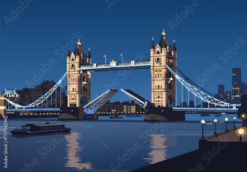 Vector illustration of London's iconic Tower Bridge at night with a boat on the Thames river