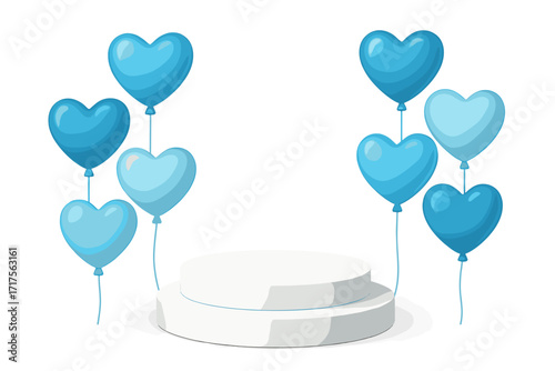 3D podium for product display on white background. Stage with blue heart balloons for baby boy shower, birthday, gender reveal. Pedestal mockup for presentation or cosmetics.