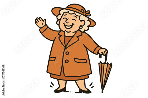 Happy stylish old woman character waving. Cheerful grandmother in overcoat and hat holding an umbrella. Senior female mascot vector illustration for body positivity and beautiful old age.