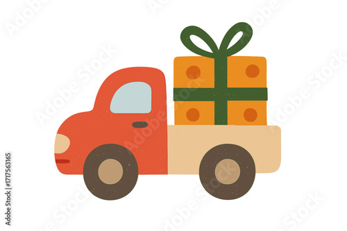 Christmas delivery red truck with a big gift box. Xmas holiday shipping concept. Vintage car delivering a present. Cute cartoon vector illustration for seasonal greeting card.