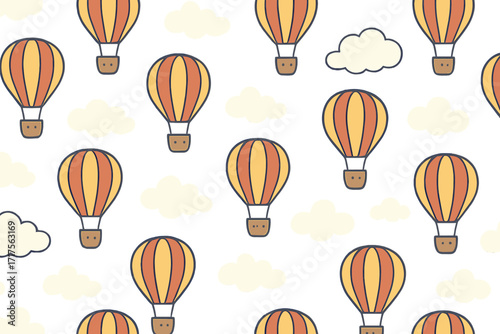 Hot air balloon seamless pattern. Cute childish cartoon vector background. Hand drawn sky with clouds for baby shower, nursery decor, kids fabric, textile print, wallpaper.