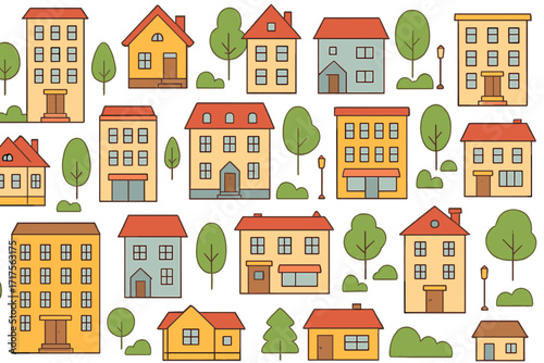 City seamless pattern. Urban street background with cute cartoon houses and buildings. Architectural townscape backdrop. Flat vector illustration of a small town neighborhood.