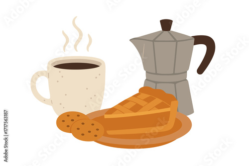 Cozy coffee break with hot drink, pie slice, and cookies. Hygge autumn concept with moka pot. Vector illustration for cafe menu, bakery poster, or invitation card design.