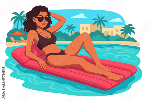 Woman relaxing on floating mattress in swimming pool. Summer vacation at tropical resort. Girl in bikini sunbathing on inflatable raft. Vector lifestyle illustration concept.
