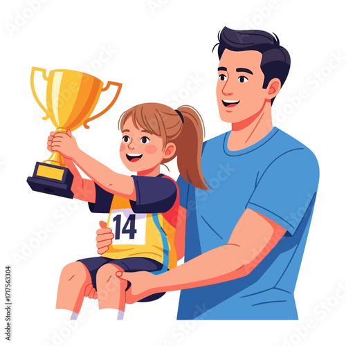 Proud Father Supporting Daughters Victory with a Trophy.