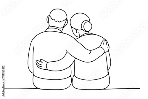 Elderly couple in continuous line art. Back view of senior people sitting together, hugging. Happy old age, retirement, and eternal love concept. Minimalist linear sketch vector.