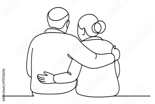 Elderly couple in continuous line art. Back view of senior people sitting together and hugging. Happy old age, forever love, and eternal relationship concept. Minimalist black linear sketch.