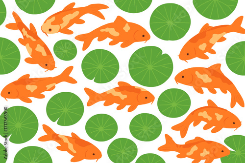 Koi carp fishes seamless pattern. Japanese goldfish swimming in water pond with green lotus leaves. Asian zen garden decorative background. Cartoon flat vector illustration.