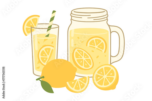 Lemonade composition with glass and jar. Summer fresh drink vector illustration. Still life with natural citrus beverage, ripe lemon slices and striped straw. Flat hand drawn icon.