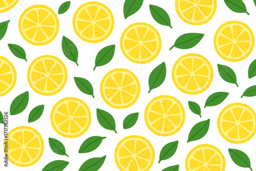 Lemon fruit slices and leaves seamless pattern. Fresh citrus vector background. Summer food illustration for textile, wallpaper, wrapping paper. Healthy detox concept.