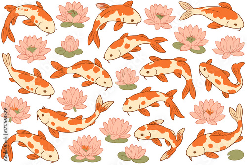Japanese koi fish and pink lotus seamless pattern. Oriental zen garden pond background. Asian carp swimming in water. Summer nature hand-drawn cartoon vector illustration.