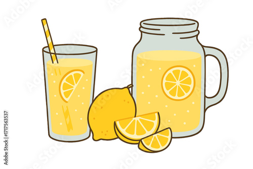 Lemonade still life with glass and mason jar of fresh summer drink. Ripe lemon fruit, slices and striped straw. Natural beverage concept. Flat hand drawn vector illustration.