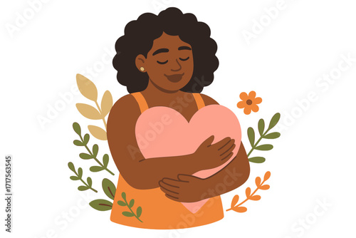 Love yourself and body positive concept. Beautiful black woman hugging a pink heart. Self-care, self-love, and acceptance illustration. Mental health wellness vector. Happy African girl character.