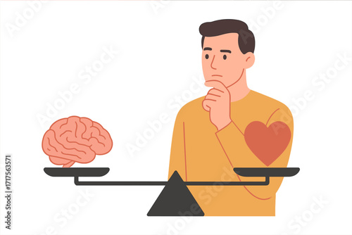 Man comparing logic and intuition. Brain vs heart on scales. Balance between rational mind and emotional feelings. Choice and psychology concept. Dilemma, mental health vector.