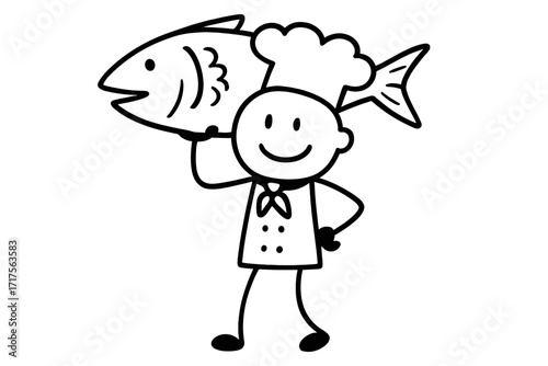 Stick figure chef holding a huge fish. Cartoon doodle of a happy cook with a big catch. Concept for seafood restaurant, fresh food, fishing, and culinary arts. Simple vector icon.