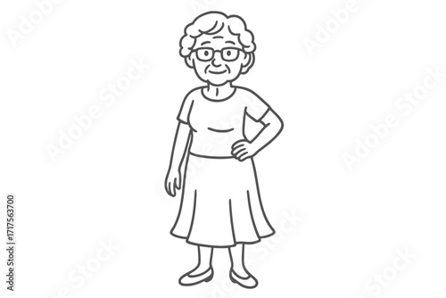 Elderly woman character illustration. Line art of a friendly grandmother with glasses. Active senior citizen, stylish granny wearing a skirt. Pensioner, maturity, aging gracefully concept vector.