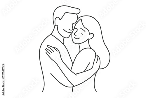Couple in love continuous one line drawing. Man and woman hugging tenderly. Romantic embrace doodle. Lovers relationship concept. Minimalist vector illustration for Valentines Day.