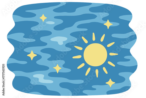 Sun reflection on blue sea water surface top view. Summer sunbeam and sparkle on ocean waves. Abstract nature background. Vector flat cartoon hand-drawn illustration.